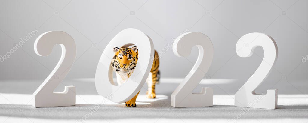 Number 2022 and figurine of tiger isolated on grey background with shadows. Tiger symbol of the Chinese new year 2022 . Banner