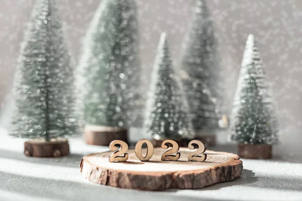 Frumoasă Felicitare Anul Nou Numere Decorative 2022 Suport Lemn Brazi — Fotografie, imagine de stoc