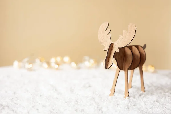 Christmas Deer Decorative Wooden Reindeer Toy Pastel Beige Background Happy — Stock Photo, Image