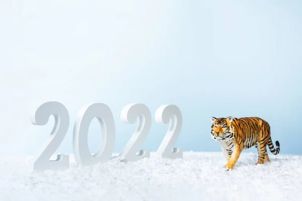 Mutlu yıllar 2022. 2022 numaralı dekoratif beyaz ve mavi arka planda izole edilmiş kaplan figürü. Noel tebrik kartı..