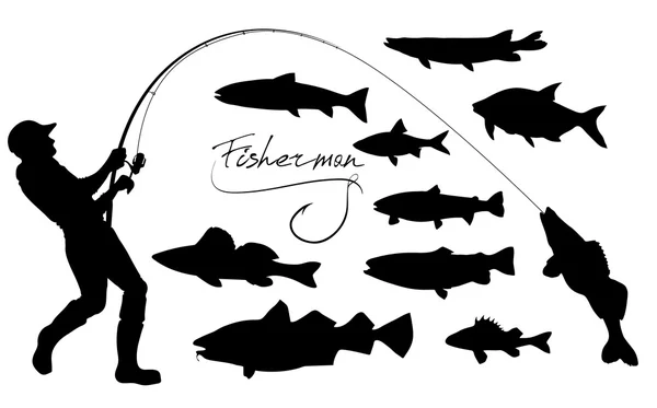 Horgász és a halak sziluettek — Stock Vector