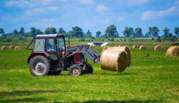 Szénabála tekercseket szállító traktor és összegyűjti őket a mezőn. — Stock Fotó