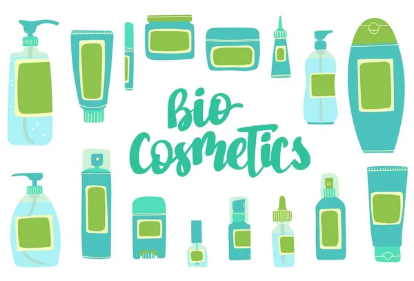 Produtos biocosméticos em garrafas, tubos e frascos. Conjunto de ilustrações vetoriais desenhadas à mão —  Vetores de Stock