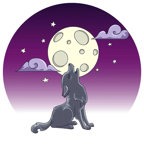 Imagem Desenhada Mão Lobo Pequeno Bonito Sentado Uivando Lua Ilustração — Vetor de Stock