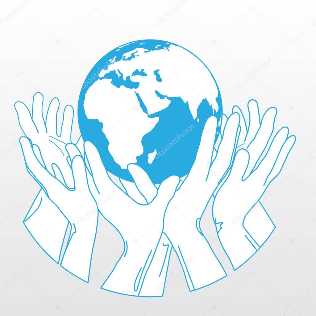 hands with earth, people of the world holding the globe, simple two-colored vector design for sticker, poster, etc