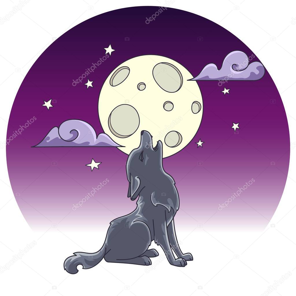 Hand drawn picture of a cute little wolf sitting and howling at the moon, cartoon vector illustration