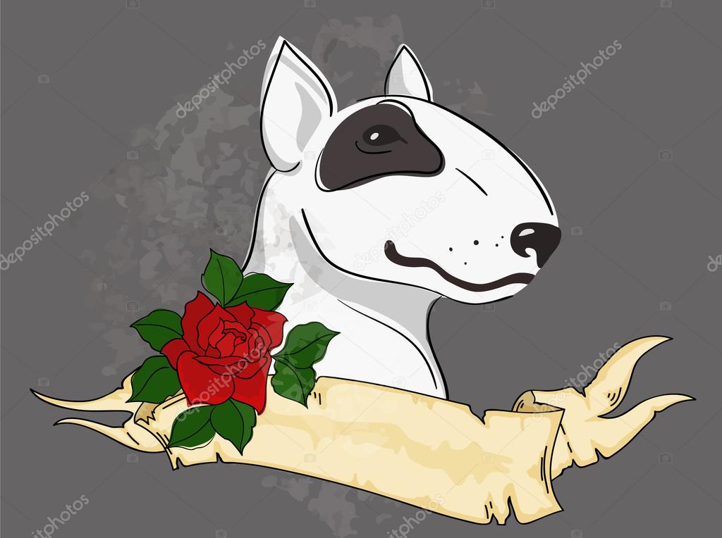 pitbull with tattoo styled ribbon and rose