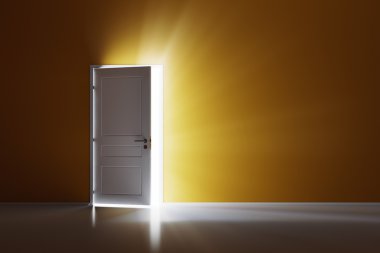 Rays of light through the open white door on orange wall clipart
