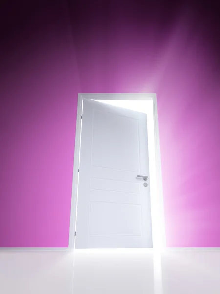 Open white door with rays of light on pink wall — Stock Photo, Image