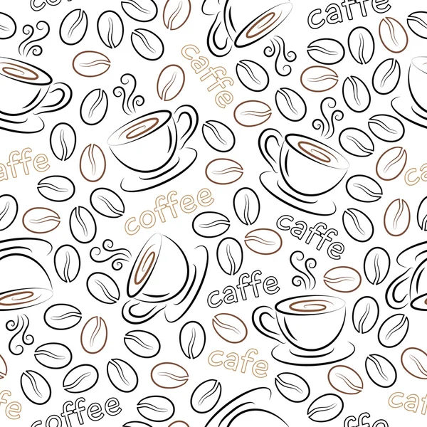 Seamless pattern with cups and coffee grains. Vector.