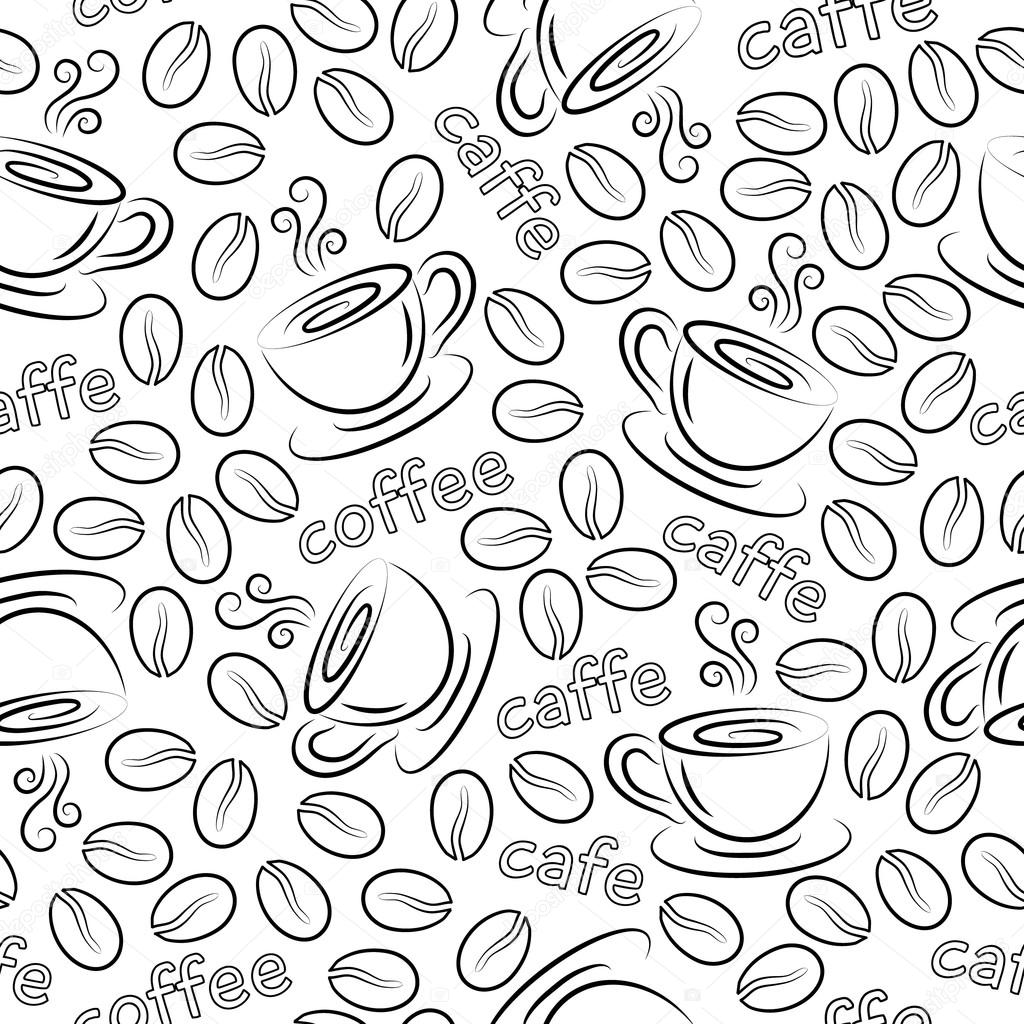 Seamless pattern with cups and coffee grains. Vector.