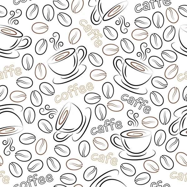 Modèle sans couture avec des tasses et des grains de café. Vecteur . — Image vectorielle