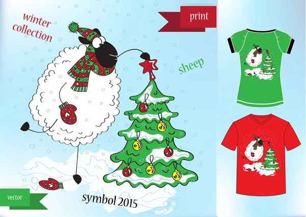 Ovelhas em chapéu de inverno Gráfico T-shirt design print — Vetor de Stock
