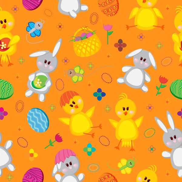 复活节彩蛋、 小兔子、 鲜花、 鸡 — 图库矢量图片