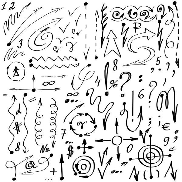 Flechas, símbolos y números simples dibujados a mano. Set vector . — Archivo Imágenes Vectoriales