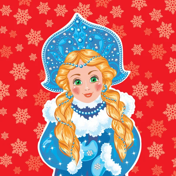 Snow Maiden on a blue background with white snowflakes. — Stock Vector