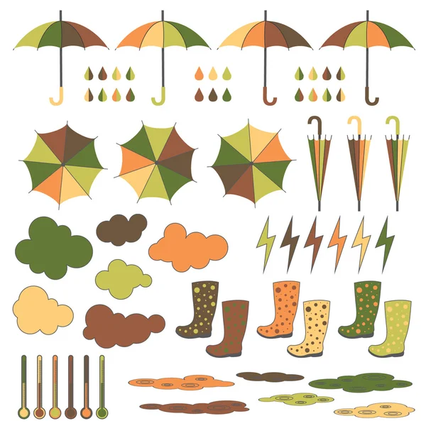 Botas de borracha, guarda-chuvas, chuva. Conjunto de vetores . — Vetor de Stock
