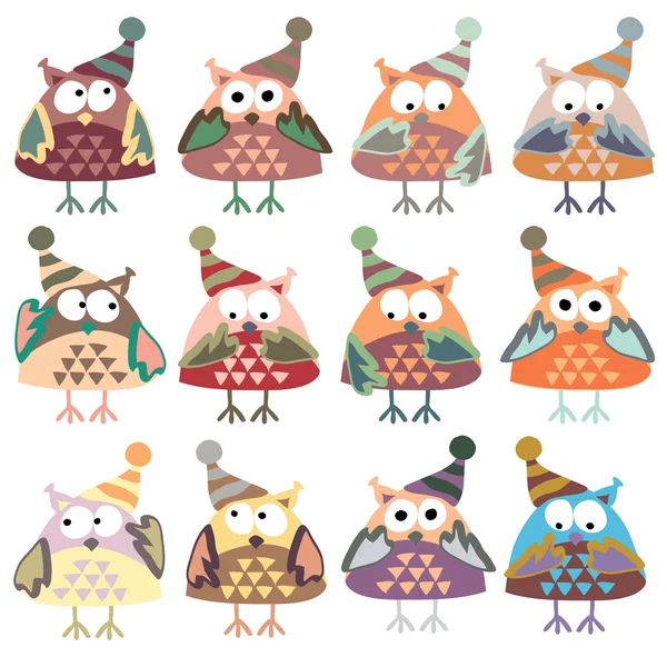 Owls in winter hats colored vector — Stock Vector