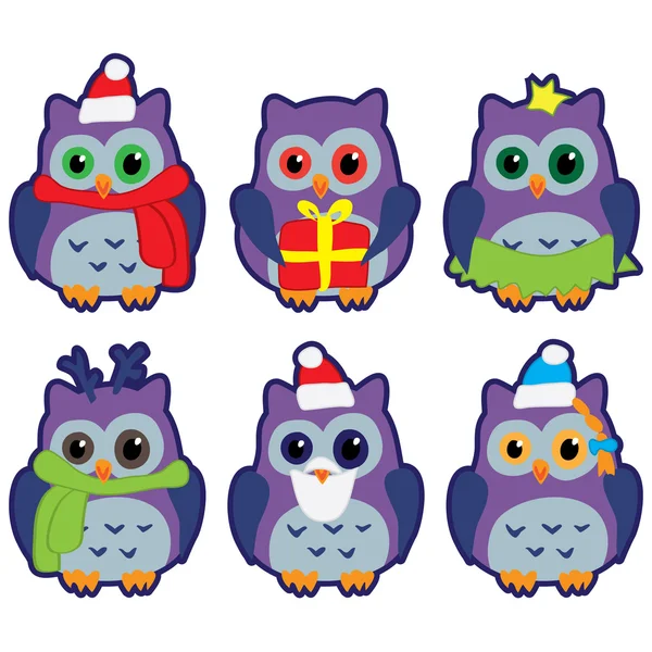 Owls in winter hats colored vector — Stock Vector