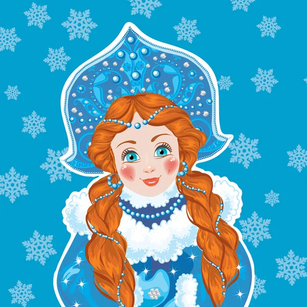 Snow Maiden on a blue background with white snowflakes. — Stock Vector