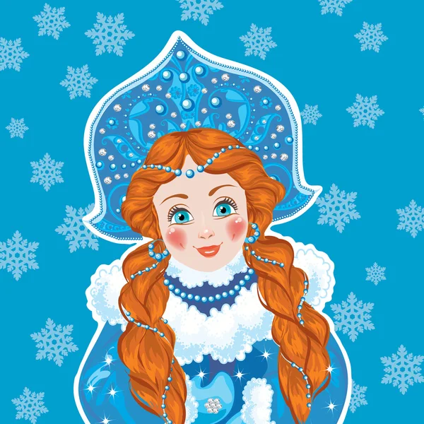 Snow Maiden на синем фоне с белыми снежинками . — стоковый вектор