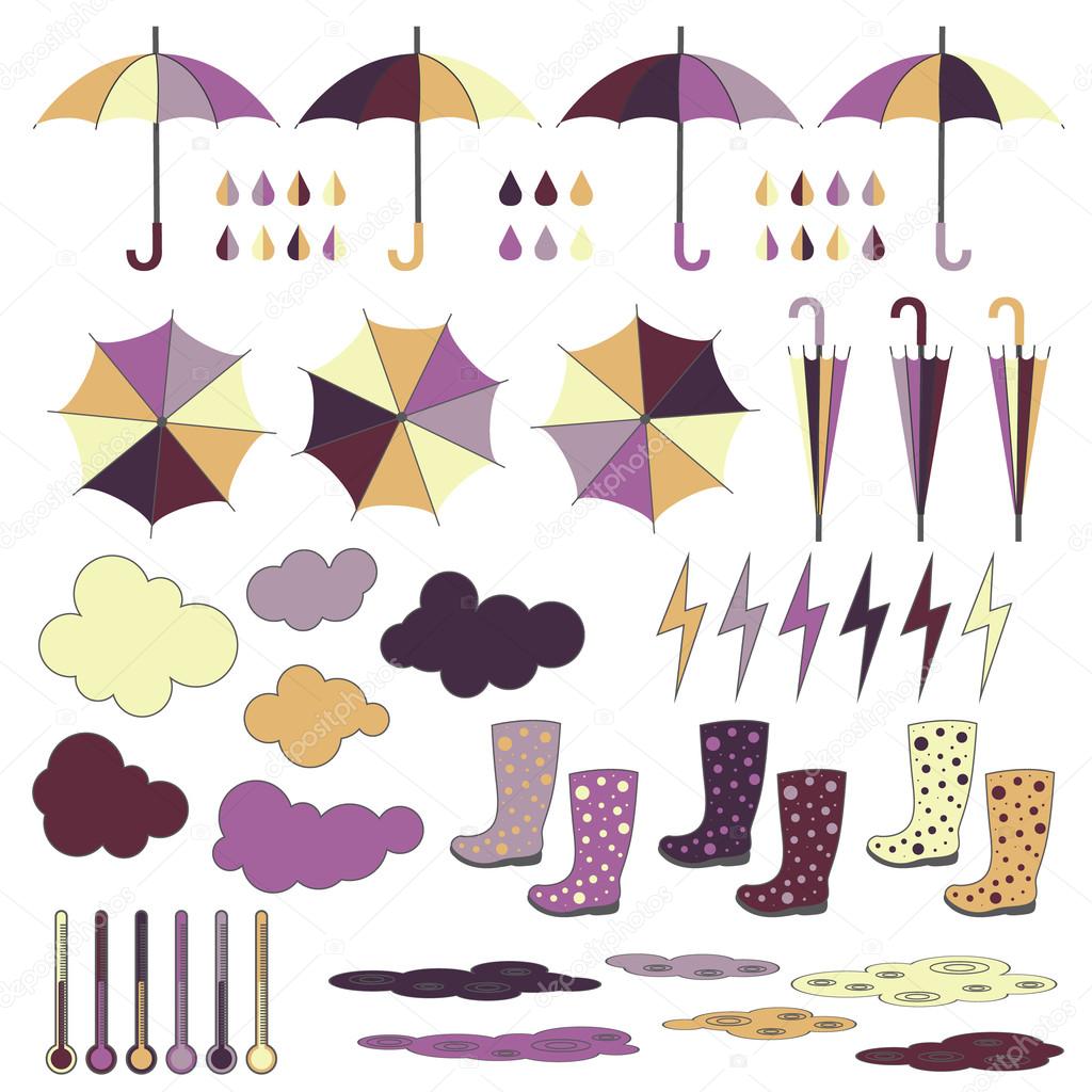 Rubber boots, umbrellas, rain. Vector set.
