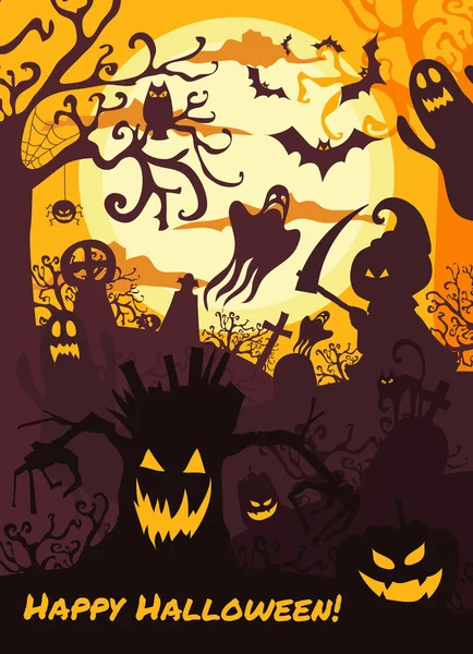 Halloween fond d'illustration avec cimetière effrayant, arbres nus, tombes, chauves-souris et la mort . — Image vectorielle