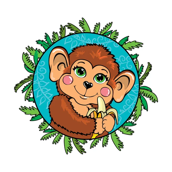 Funny monkey with a banana in her hand. In the frame of leaves. — Stock Vector