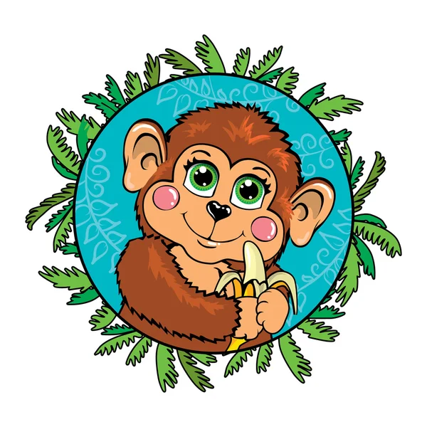 Un mono gracioso con un plátano en la mano. En el marco de las hojas . — Vector de stock
