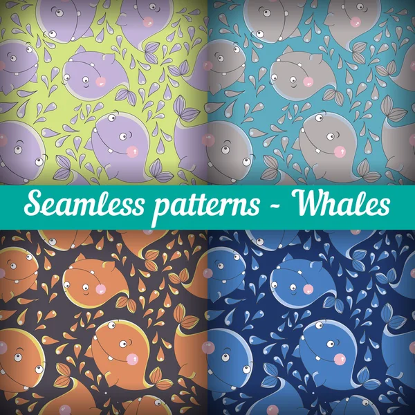 Whales. Set of abstract seamless pattern. Template backdrop for a nursery or playroom, bathroom. — Stock Vector