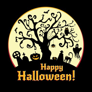 Cadılar Bayramı vektör çizim - mezarlık ve eski ağaç