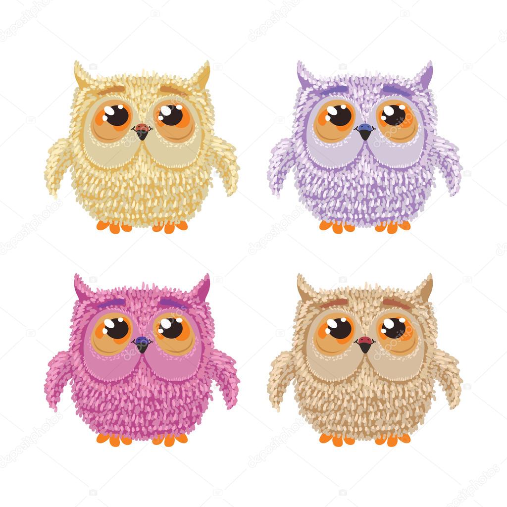 Set of cartoon owls for wisdom or education concept design. All birds are isolated on white background.