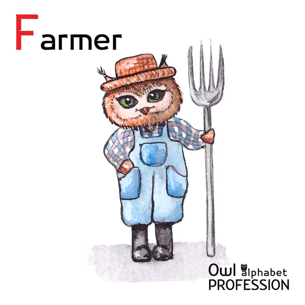 Alphabet professions Owl Letter F - Farmer character on a white background Vector Watercolor. — Stock Vector