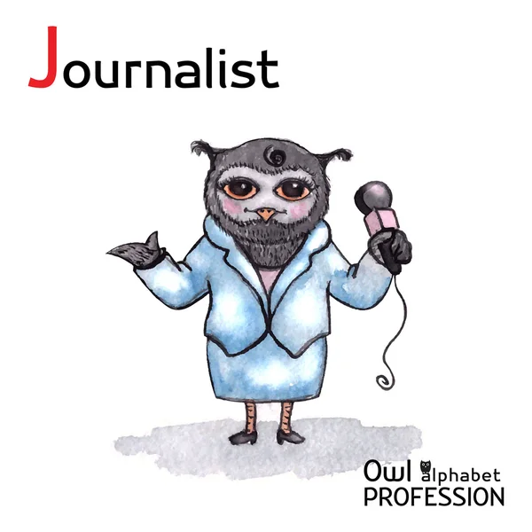 Alphabet professions Owl Letter J - Journalist character Vector Watercolor. — Stock Vector