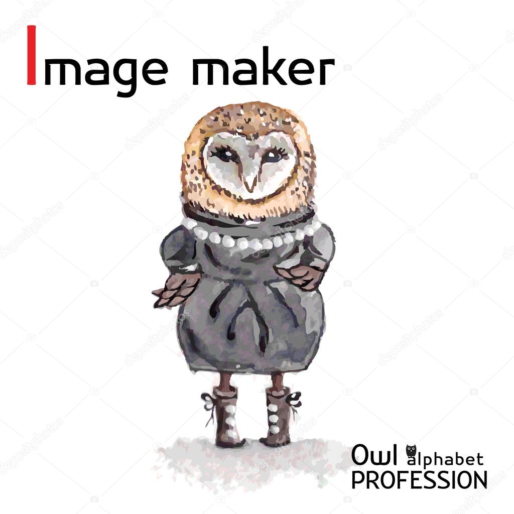 Alphabet professions Owl Letter I - Image maker character Vector Watercolor.