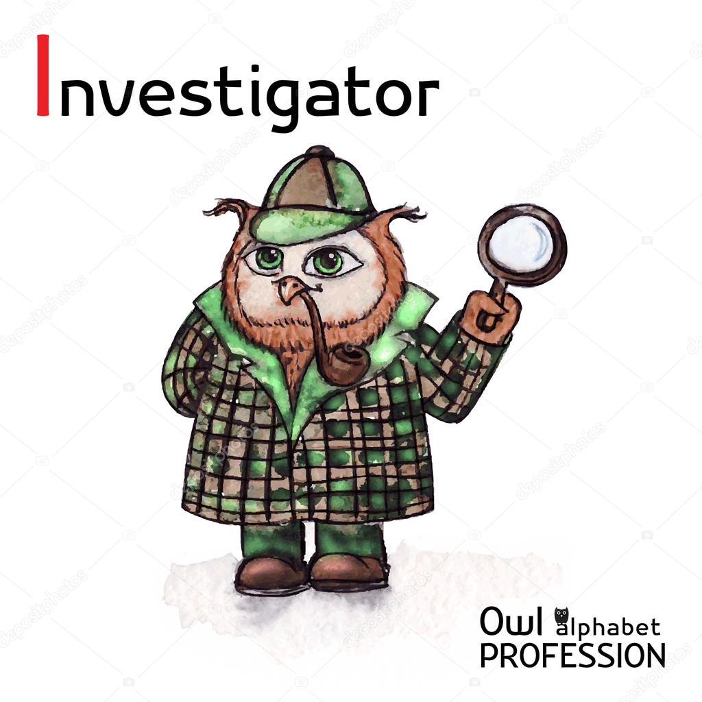 Alphabet professions Owl Letter I - Investigator character Vector Watercolor.