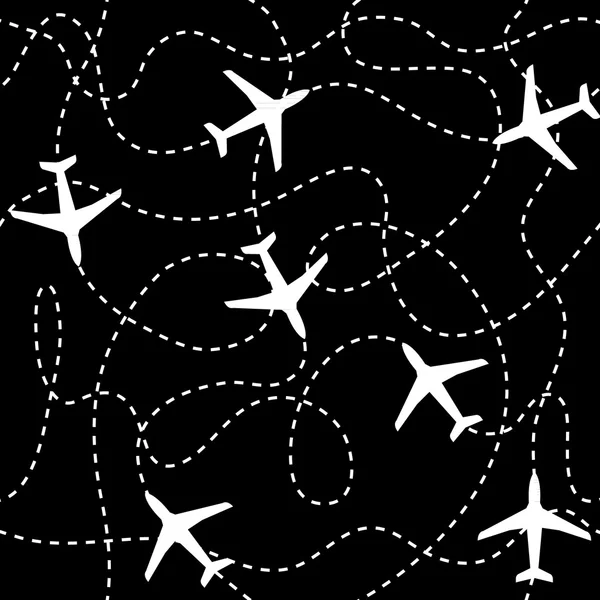 เครื่องบินพื้นหลังที่ไร้รอยต่อที่บินด้วยเส้นประเป็นร่องรอยหรือเส้นทาง — ภาพเวกเตอร์สต็อก