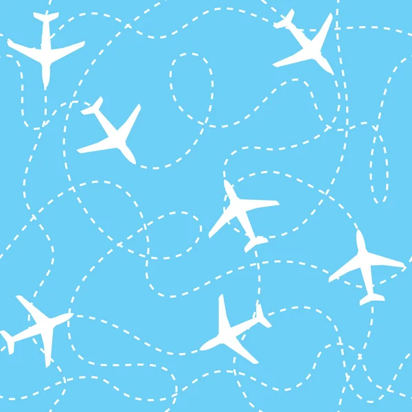 Aviones de fondo sin costuras que vuelan con líneas discontinuas como pistas o rutas en el cielo azul — Vector de stock