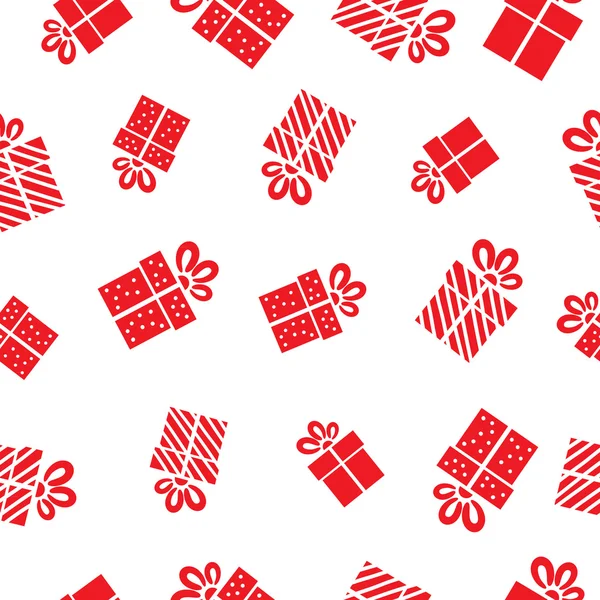 Vector inconsútil Patrón de regalo, cajas de regalo rojas sobre fondo blanco. — Vector de stock