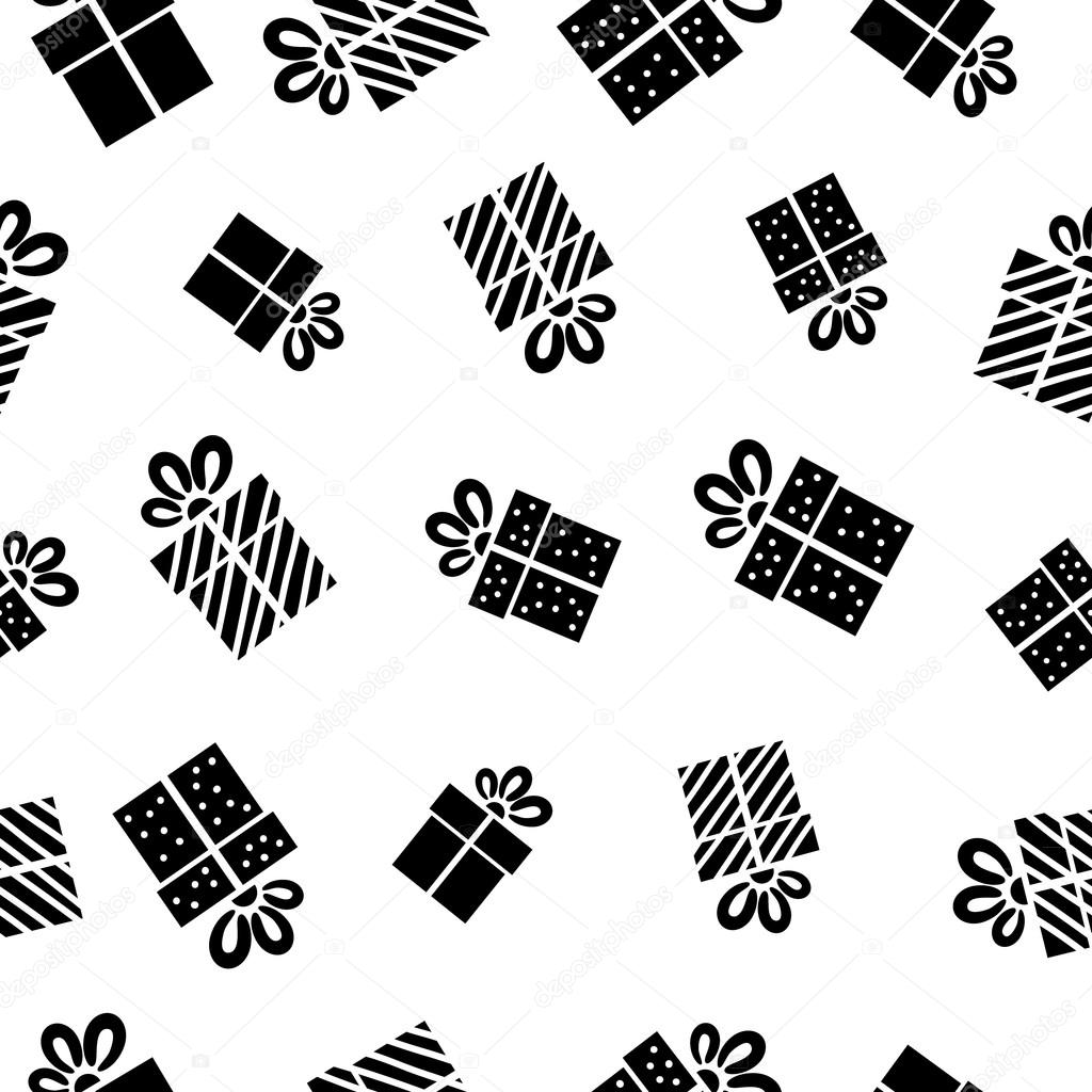 Seamless vector Gift pattern, black gift boxes on white background.