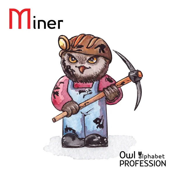 Alfabet beroepen Owl Letter M - Miner karakter Vector aquarel. — Stockvector