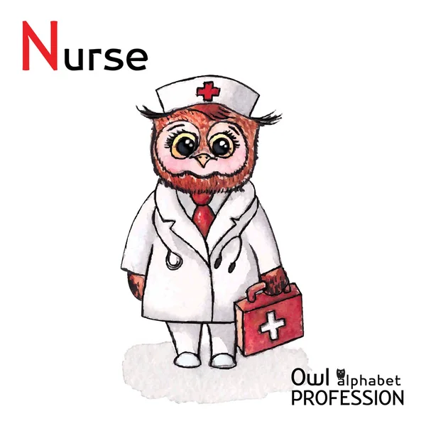 字母表专业猫头鹰字母 N-护士字符矢量水彩. — 图库矢量图片