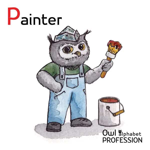 Алфавитные профессии Owl Letter P - Painter character Vector Watercolor . — стоковый вектор