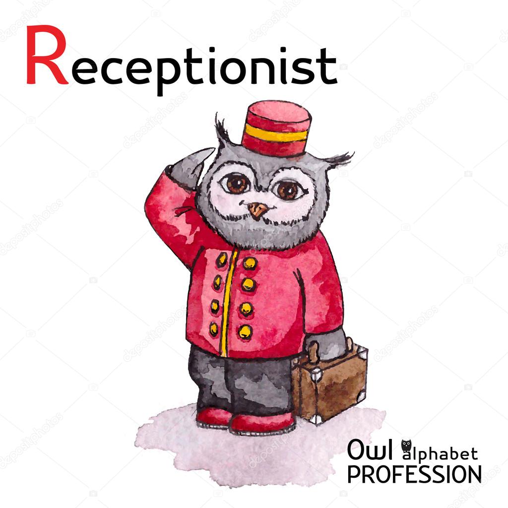 Alphabet professions Owl Letter R - Receptionist character Vector Watercolor.