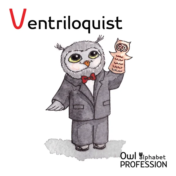 Profissões alfabeto Coruja Carta V - Ventriloquist Vector Aquarela . — Vetor de Stock