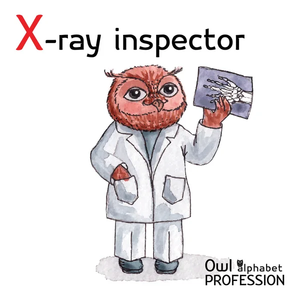 Alphabet professions Owl Letter X - X-Ray Inspector Vector Watercolor. — Stock Vector