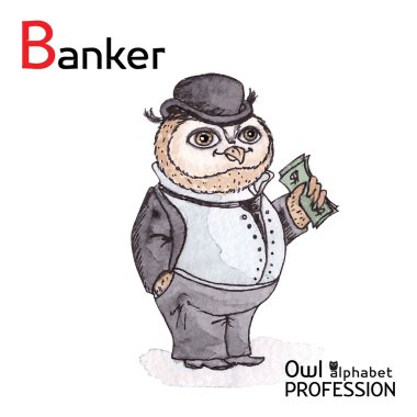 Alfabe meslekler baykuş mektup B - bankacı vektör suluboya.