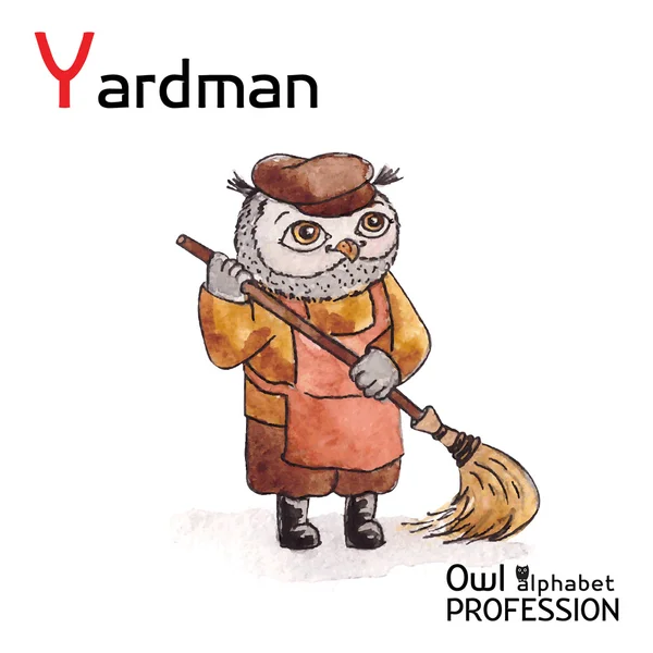 Alphabet professions Owl Letter Y - Yardman Vector Watercolor. — Stock Vector