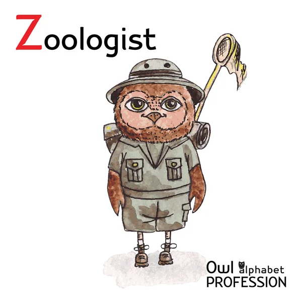 Алфавитные профессии Owl Letter Z - Zoologist Vector Watercolor . — стоковый вектор