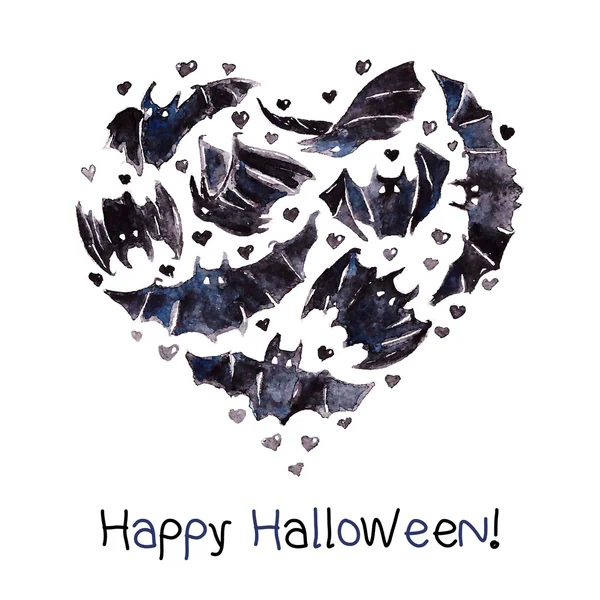 Bats Corazón Ilustración Vector Waterolor Feliz Halloween . — Archivo Imágenes Vectoriales